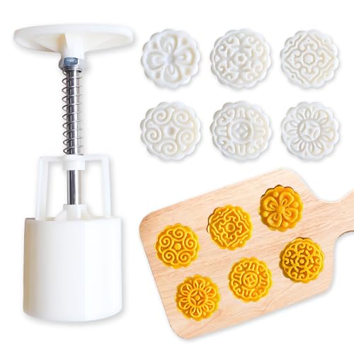 Zyluniy Prensa de molde Mooncake, moldes para tartas de luna con 6 Sellos, Flor Redonda para Decorar Galletas, Pasteles, Postres, Galletas (Blanco)
