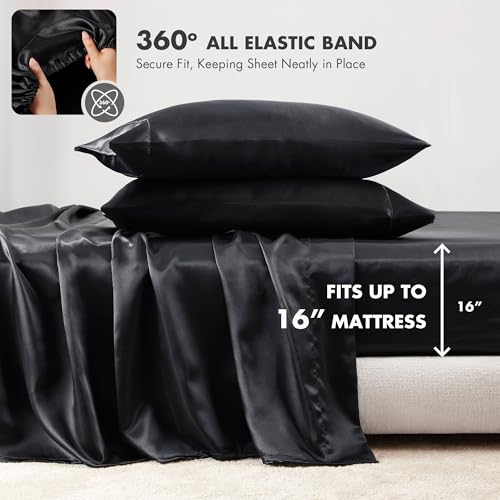 Image of Madison Park Essentials Satin Sheets Full Size Bed Set, 6 Piece, Black