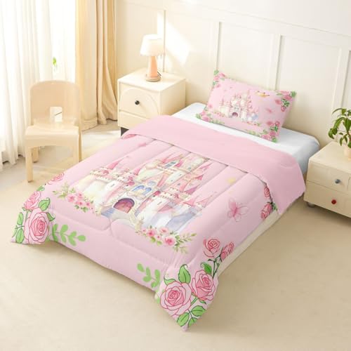Image of Feelyou Girls Pink Castle Comforter Set Twin Size Blossom Flowers Pattern Bedding Set for Kids Boys Girls Kawaii Cute Princess Style Duvet Quilt Bedroom Decor Microfiber 2 Pcs with 1 Pillow Cases