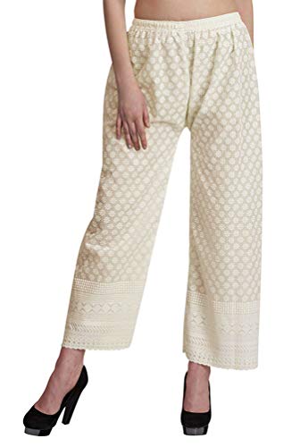 Vastraa Fusion Women's Regular Fit Cotton Chikan Palazzo (TS0060_Off-White_Free Size)