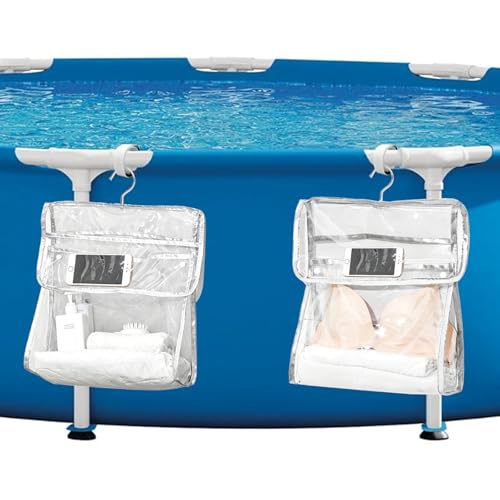 SKARUMMER 2 Pack Poolside Storage Bags for Above Ground Pools, Waterproof Clear PVC Hanging Organizer with Phone Touch Pocket, Pool Float Storage & Pool Accessories Holder for Towels, Toys, Sunscreen