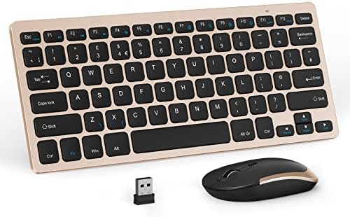 Compact Wireless Keyboard and Mouse Combo, 2.4G Portable Small Cordless Keyboard & Mouse Set UK QWERTY Layout for PC Computer Laptop, Black and Gold