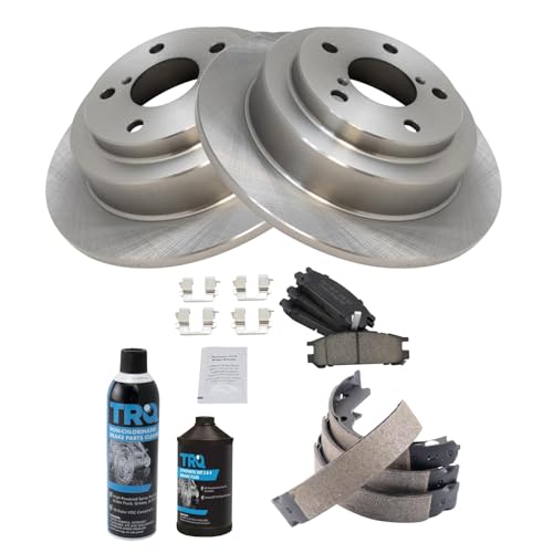 Image of TRQ Rear Brake Pad & Rotor Kit, with Chemical Kit Parking Brake Shoe Set Ceramic Compatible with 1993-1999 Subaru Impreza 1995-1999 Legacy