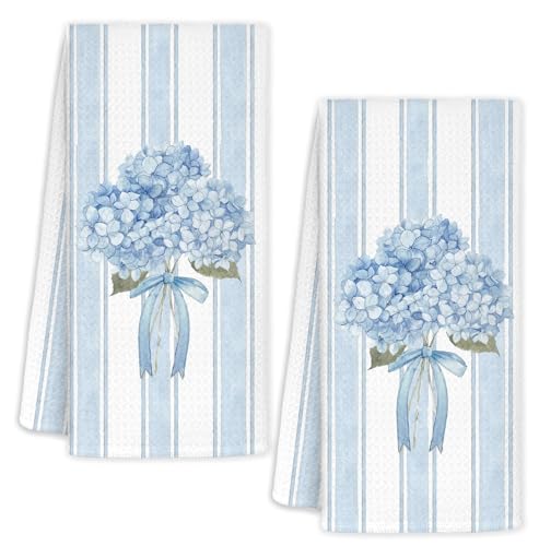 YTRGI Light Blue Striped Hydrangea Bow Decorative Hand Towels for Bathroom Washroom Set of 2, Blue Hydrangea Bathroom Decor, Flower Floral Hydrangeas Lovers Gifts for Kids Women, 16x24 Inch