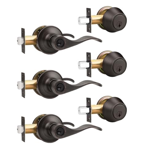 Gobrico 3 Pack Wave Entry Door Levers and Single Cylinder Deadbolt Front Combination Lockset, Oil Rubbed Bronze Keyed Alike Exterior Door Handles with Lock and Deadbolt in Same Key