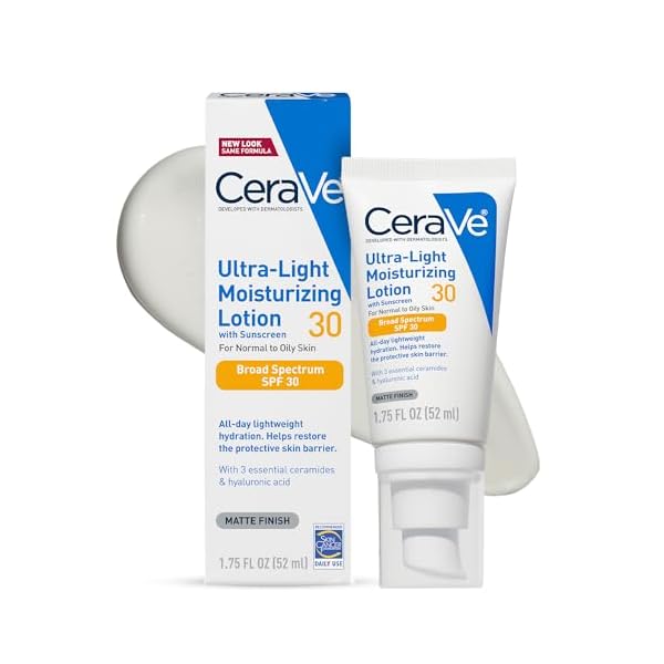 CeraVe Ultra-Light Moisturizing Lotion With SPF 30, Daily Face Moisturizer with SPF, Formulated with Hyaluronic Acid & Ceramides, Broad Spectrum SPF, Oil Free, Matte Finish, 1.7 Ounce
