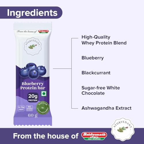 Image of Ayurvedant Blueberry Protein Bar | 20g High Protein | No Added Sugar | Energy Snack for Gym, Fitness & Active Lifestyle | 60g (Pack of 6)