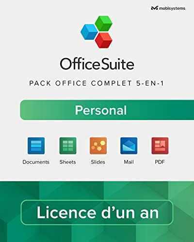 OfficeSuite Personal – Version complète – Documents, Sheets, Slides, PDF, Mail & Calendar pour 1 PC Windows et 2 appareils mobiles / Licence de 1 an