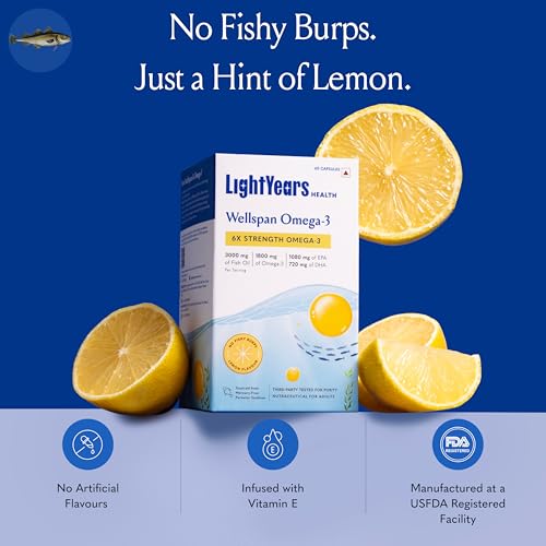 Image of LightYears Wellspan Omega 3 Fish Oil Capsules | 6X Strength | 3000 mg Fish Oil & 1800 mg EPA DHA for Men & Women | Mercury-Free | Lemon Flavoured for No Fishy Burps | 3rd Party Tested | 120 Capsules