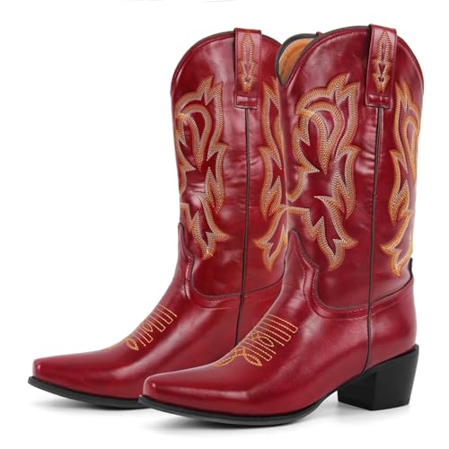 Yolkomo Cowboy Boots for Women Mid Calf Western Embroidered Cowgirl Boots