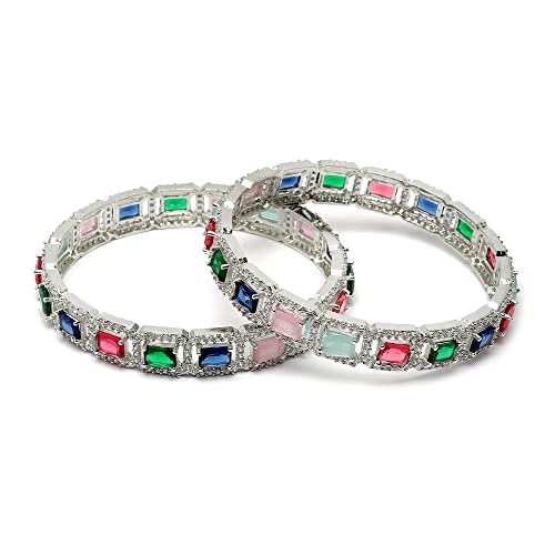 ZENEME Rhodium-Plated Silver Toned American Diamond Square Shaped...