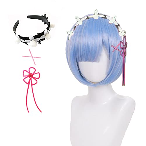 Rem Perücke mit Stirnband X Pins Blume Schleife, Anime Rem Cosplay Perücke, kurze blaue Bob Perücke für Frauen und Mädchen Cover