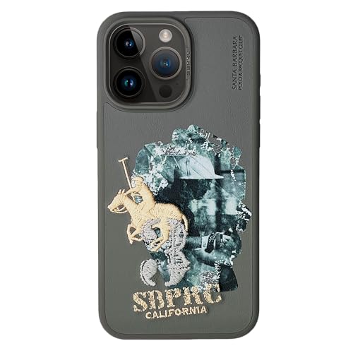 Étui en cuir brodé Santa Barbara iPhone 15 Pro Max luxe gris titane