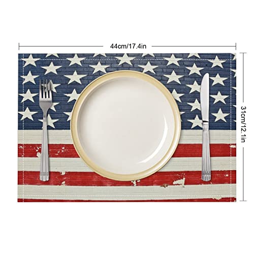 Blue Cotton Linen Cloth Placemats 18 x 12 Inches,Rustic Farmhouse Fabric Placemats Set of 4,Stylish and Heat Resistant Table Placemats for Dining Table,Kitchen & Camping - USA American Flag