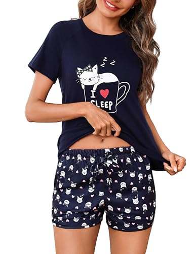 Bresdk Pyjama Short Femme Coton Ete Vêtements de Nuit Ensemble Pyjashort Chat Col Rond à Manches Courtes 2 Pièces Respirant Doux Bleu M