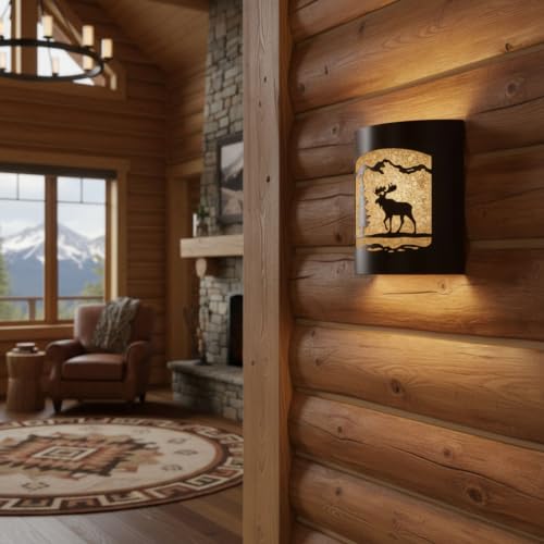Image of Rustic Moose and Pine Tree Wall Sconce | Lodge Cabin Decor, Woodland Nature Design, Light Fixture