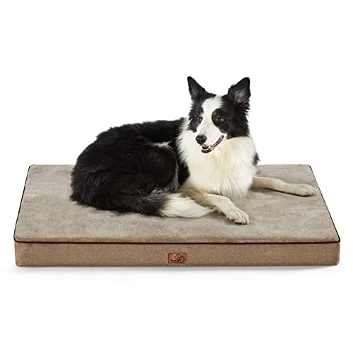 Bedsure Memory Foam Dog Bed for Large Dogs - Orthopedic Waterproof Dog Bed for Crate with Removable Washable Cover and Nonskid Bottom - Plush Flannel Fleece Top Pet Bed, Khaki -  Bedsure Comfy Pet