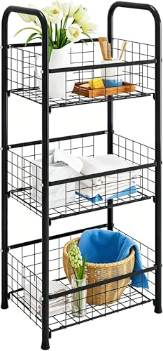 Image of PROXRACER 3-Tier FreeStanding Open Shelf,Bathroom Organizer Shelves Unit with Adjustable Feet, Metal Steel Storage Tower Organizer Rack Basket Cart for Bathroom, Living Room, Balcony, Kitchen