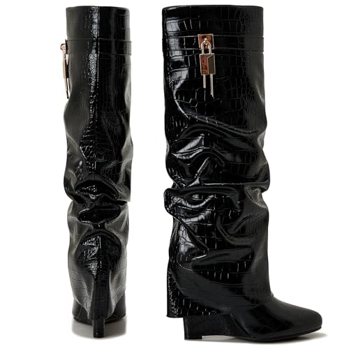 Image of Fold Over Boots for Women Pointy Pull-on Wedge Heel Knee Shark Boot With Side Zipper Padlock Design