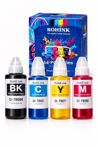 Image of ROHINK GI-790 Compatible Refill Ink Bottles for Canon G Series Printer PIXMA G1000 G1010 G2000 G2002 G2010 G2012 G3000 G3010 G3012 G4000 G4010 (345ML Total: 135ML Black, 70ML Cyan, Yellow, Magenta)