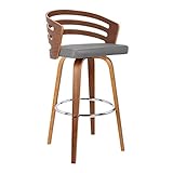 Armen Living Jayden Modern 26' Seat Height Swivel Grey Faux Leather and Walnut Wood Bar Stool for Kitchen Island Counter