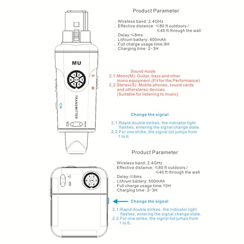 Sistema transmisor y receptor inalámbrico 2.4GHz, 6 canales de frecuencia ajustable con latencia ultra baja de 8ms, batería recargable, plug and play, para estudio, banda, ensayo y en vivo (Blanco) miniatura 7
