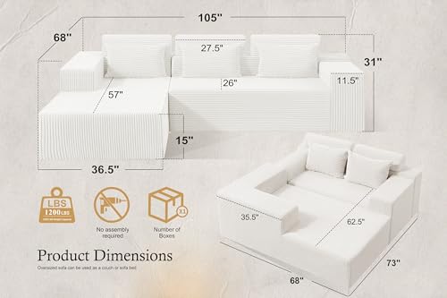Image of HABUTWAY Sectional Couches for Living Room,No Assembly L Shaped Couch 105 inch Modular Sectional Sofa Couch with Deep Seat,Cloud Couches Furniture Sets for Apartment,Corduroy (Beige, Left Facing)