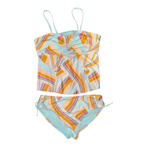 Girls Two-Piece Swimsuit, Geometric Print, Mint and Orange, Size XL (14-16)