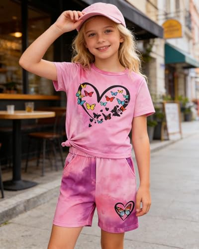 Image of 7-14Y Tween Girl Clothes 2 Piece Short Sleeve Tie Dye Heart Print Top and Shorts Teen Girl Summer Outfits Short Set