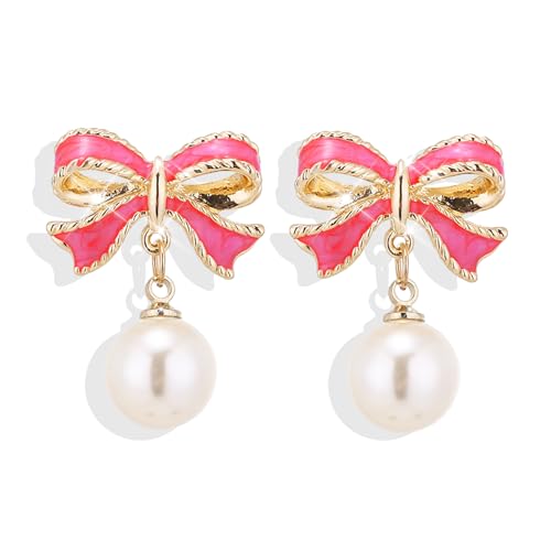Pendientes de Perlas para Mujer, Pendientes de Lazo de Perlas, Bonitos Pendientes Colgantes de Perlas con Lazo, Pendientes de aro de Perlas chapados en Oro para Mujer (Dark Pink)