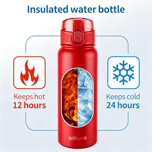 Image of GOPPUS 20 Oz Insulated Stainless Steel Water Bottle BPA-Free Sports Water Bottle, Great for Travel, with Chug Lid - Leak & Sweat Proof with Anti-Dust Lid(red)