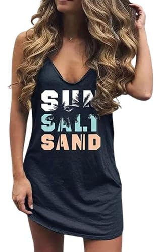 Image of Live Simple Coconut Tree Sleeveless Dress Sunshine Sand Beach Women's Summer Casual V Neck Mini Dress
