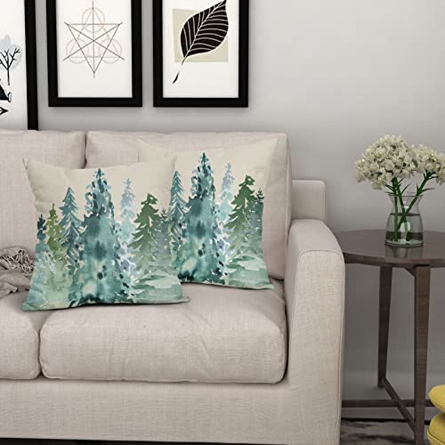 Sweetshow Watercolor Blue Green Tree Pillow Covers 18X18 Set Of 2 Rustic Style Nature Forest Print Decorative Throw Pillows Winter Christmas Square Linen Cushion Case For Home Sofa Couch Bed Outdoor #TOP6