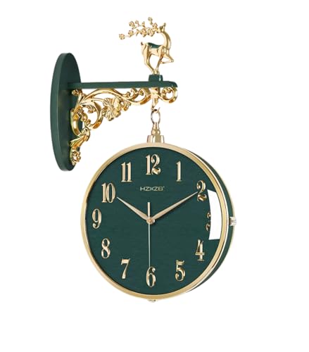 Reloj de doble cara, silencioso sin tictac, diseño de decoración dorada, decoración de ciervos y flores, acabados blancos y dorados, reloj de decoración del hogar para sala de estar, pasillo