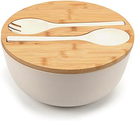 Large Salad Bowl with Lid, Bamboo Fiber Salad Serving Bowl Set with Utensils, 9.8inches Mixing Bowl with Servers, Solid Bamboo Wooden Bowl for Salad, Fruits, Vegetables and Pasta(White)