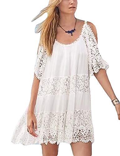 Bsubseach Women Lace Cold Shoulder Short Sleeve V Neck Beach Tunic Dress Loose Swimwear Swimsuit Cover Up