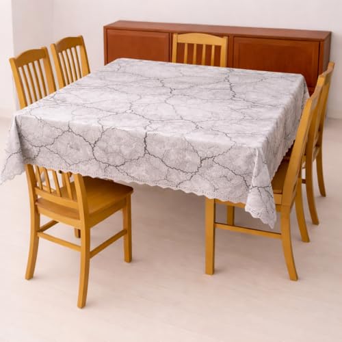 Image of Homerz Premium Waterproof PVC Sparkle Table Cover Collection | Table Cover with Scallop Edges | Dust, Spill & Scratch Resistant (Silver Vein Luxe, 54x78 inch-6 Seater Dining Table)