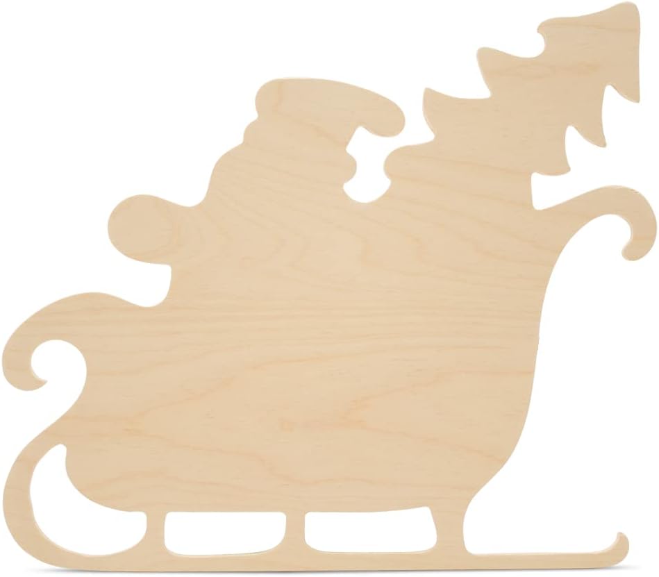 Santa Sleigh Cutout 20-inch x 17-3/4-inch, Pack of 3 Unfinished Shapes, Wood Craft Christmas Decor for Painting, by Woodpeckers