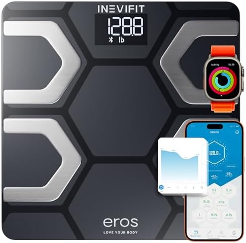 INEVIFIT EROS Bluetooth Body Fat Scale Smart BMI Highly Accurate Digital Bathroom Body Composition Analyzer with Wireless Smartphone APP 400 lbs 11.8 x 11.8 inch (Black)