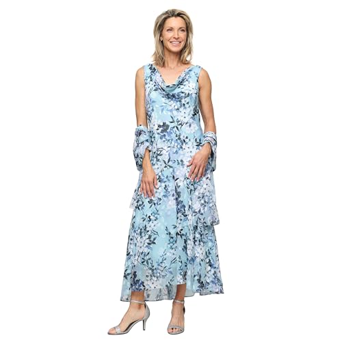 Image of Alex Evenings Women's Formal Sleeveless Cowl Neck Floral Print Gown with Shawl, Wedding Guest, Mother of The Bride Dress