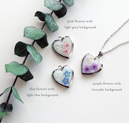 Handmade Heart Shaped Dried Pressed Forget Me Not Flower Photo Locket Pendant Necklace4