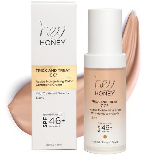 Hey Honey Trick and Treat Moisturizing CC Cream SPF 46, Mineral Sunscreen Color Correcting Foundation for Redness, Rosacea and Mature Skin, Honey and Propolis, Shade Adjusting, 1 oz (Light)