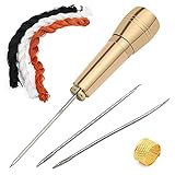 Copper Handle Sewing Awl with 3 Needles, Hand Stitcher Shoe Repair Tool with 3 PCS Nylon Cord...