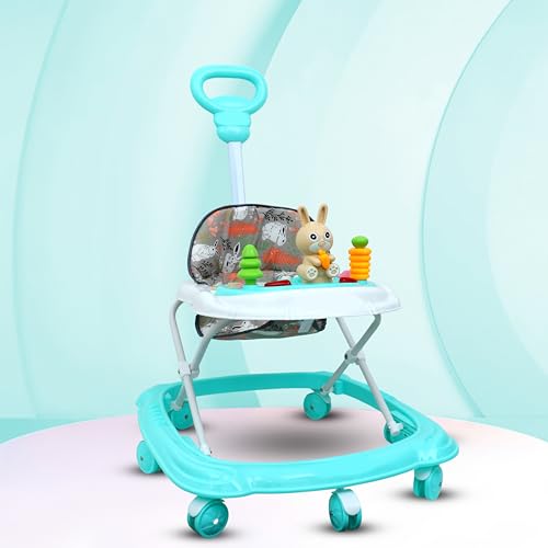 Image of Baby Walker for 6-18 Months with Musical Toys & Push Handle | Adjustable Height Baby Activity Walker, 360 Rotating Wheels, Soft Seat (Rabbit Aqua)