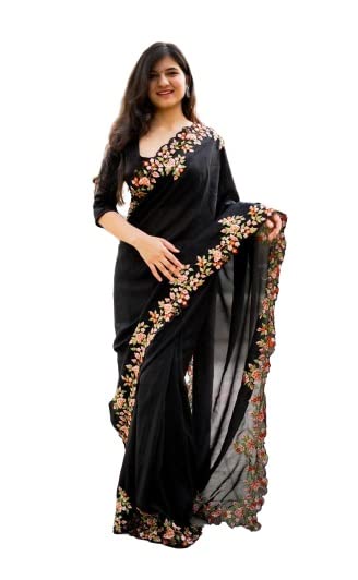 infabzon Womens Saree Bollywood Style Vichitra Silk With Beautiful Multi Color Embrodery Sequance Work