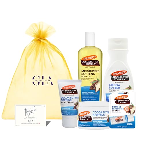 GIA Online Store Cocoa Butter Gift Set – Compatible with Palmer’s Cocoa Butter Lotion 250ml, Body Oil 250ml, Hand Cream, Lip Balm & 100g Cocoa Butter Tub – Body Care Set for Dry & Sensitive Skin