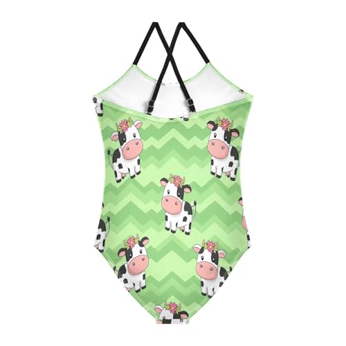 Cute Cartoon Cows Green Girls' Swimwear with Adjustable Shoulder Strap, Beach Apparel, 3-102