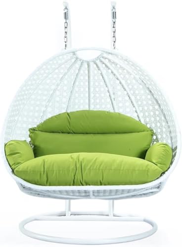 Image of Double Seater Hammock Swing Chair with Stand & Cushion | Heavy Duty Powder Coated Steel Frame | Outdoor Indoor Hanging Swing for Patio Balcony Garden Terrace Living Room (White-Light.Green)
