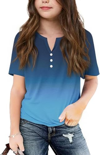 Girl's Short Sleeve Henley NeckT Shirts Button V Neck Tunic Blouse Color Block Basic Tees Tops 5-14 Years