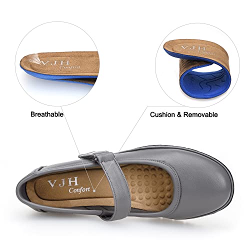 Vjh Confort Women’s Mary Jane Flats,Comfort Round Toe Slip-On Orthotic Low Wedge Walking Shoes (Grey,10) #TOP3
